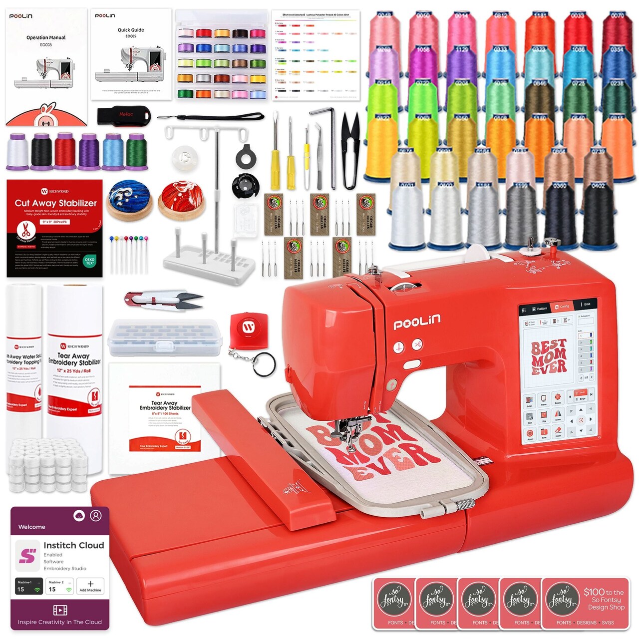 POOLIN EOC05 4in x 9.2in Embroidery Machine with Deluxe Accessory Bundle - Red